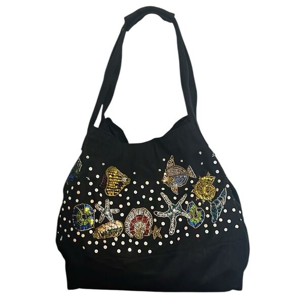 Magid Handmade Beaded Embellished Coastal Fish Tropical Black Tote Shoulder Bag - Picture 2 of 12